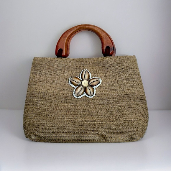 Vintage - Beaded Shell Woven Jute Purse / Handbag Wood Natural Fiber Puka Bamboo - Picture 1 of 13